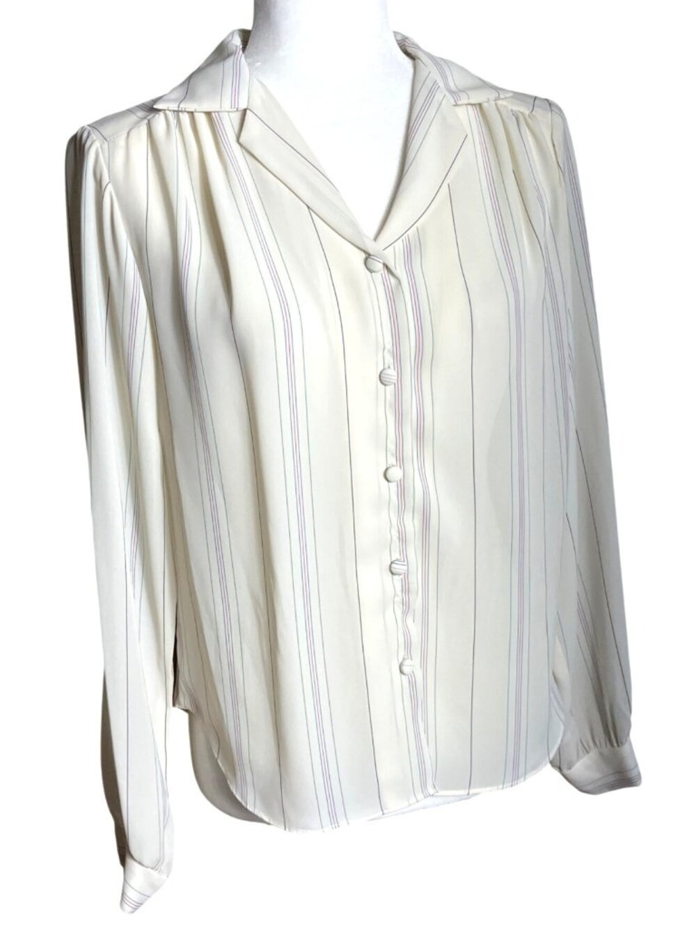 Vtg Off White Pinstripes Blouse Button Preppy Soft Academia Layers Capsule Wom M
